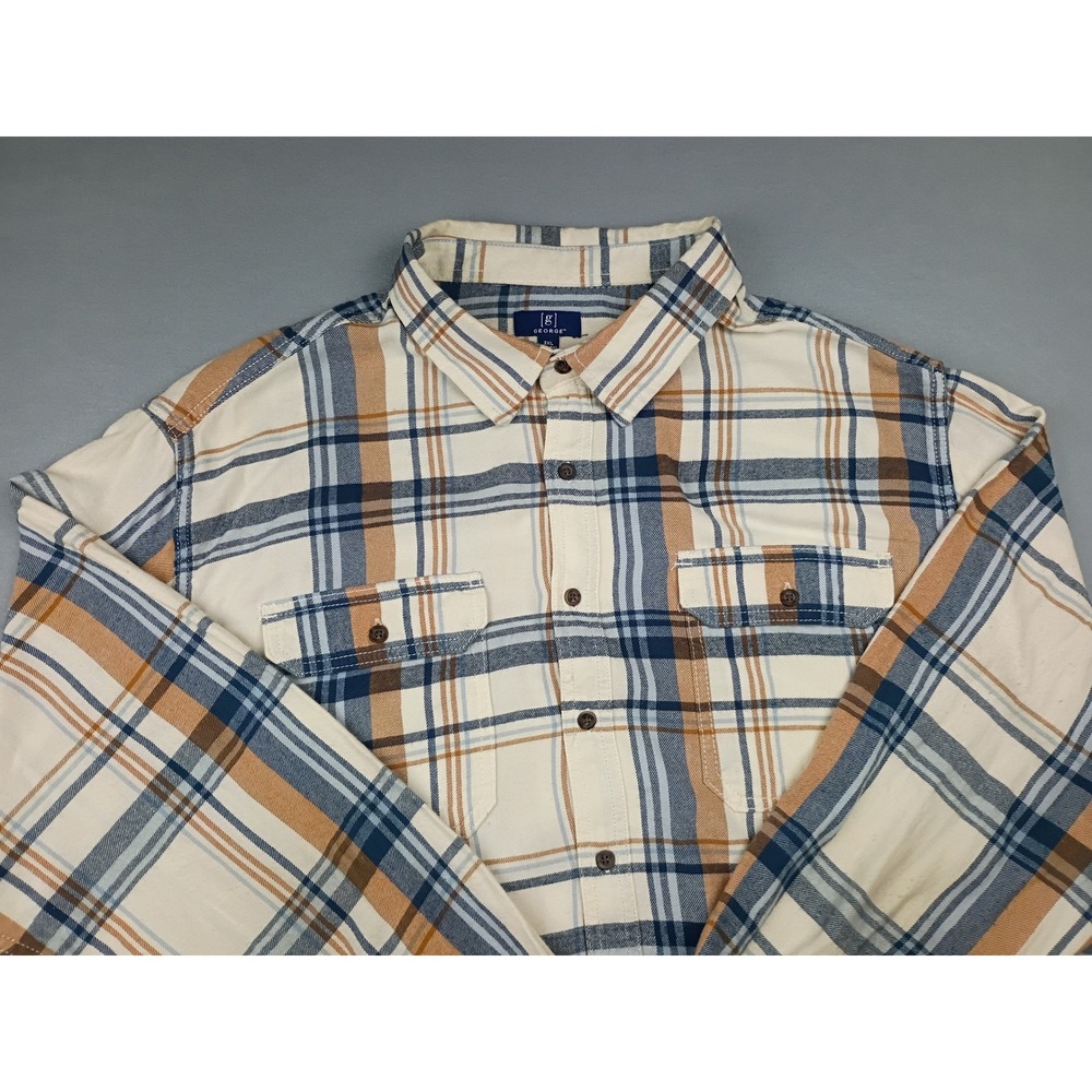 George Mens 3XL Plaid Flannel Shirt Long Sleeve Cream Blue Tan Button Down